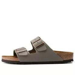 Birkenstock Arizona Birkibuc Stone šľapky — produktová fotografia na bielom pozadí, bočný pohľad