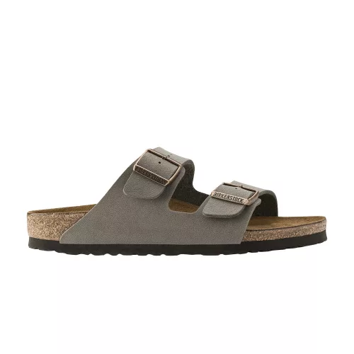 Birkenstock Arizona Birkibuc Stone šľapky — produktová fotografia na bielom pozadí, bočný pohľad