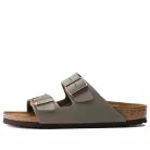 Birkenstock Arizona Birkibuc Stone šľapky — produktová fotografia na bielom pozadí, bočný pohľad