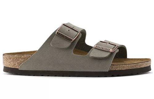 Birkenstock Arizona Birkibuc Stone šľapky — produktová fotografia na bielom pozadí, bočný pohľad