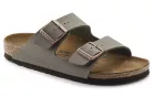 Birkenstock Arizona Birkibuc Stone šľapky — produktová fotografia na bielom pozadí, bočný pohľad