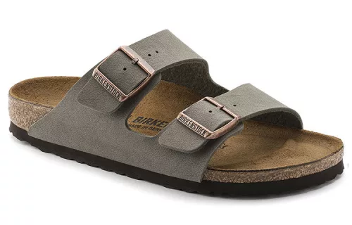 Birkenstock Arizona Birkibuc Stone šľapky — produktová fotografia na bielom pozadí, bočný pohľad