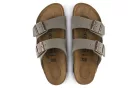 Birkenstock Arizona Birkibuc Stone šľapky — produktová fotografia na bielom pozadí, bočný pohľad