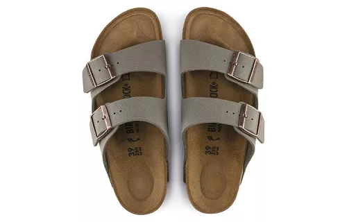 Birkenstock Arizona Birkibuc Stone šľapky — produktová fotografia na bielom pozadí, bočný pohľad