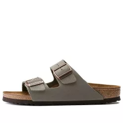 Birkenstock Arizona Birkibuc Stone šľapky — produktová fotografia na bielom pozadí, bočný pohľad