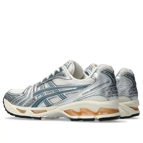 ASICS Gel-Kayano 14 Birch Pure Silver Teal Gold nízke bežecké tenisky strieborné-petrolejové — produktová fotografia na bielom pozadí, bočný pohľad