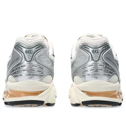 ASICS Gel-Kayano 14 Birch Pure Silver Teal Gold nízke bežecké tenisky strieborné-petrolejové — produktová fotografia na bielom pozadí, bočný pohľad
