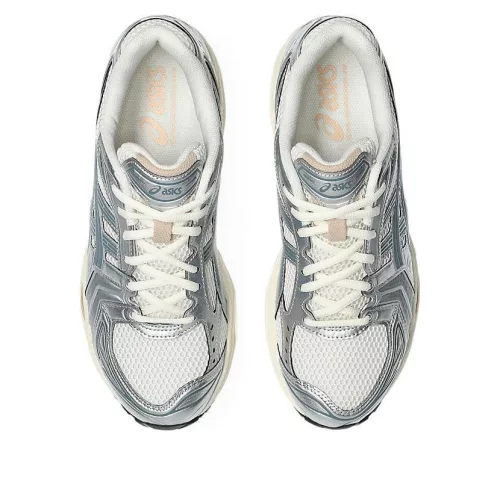 ASICS Gel-Kayano 14 Birch Pure Silver Teal Gold nízke bežecké tenisky strieborné-petrolejové — produktová fotografia na bielom pozadí, bočný pohľad