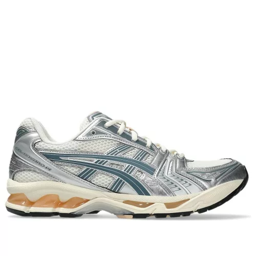 ASICS Gel-Kayano 14 Birch Pure Silver Teal Gold nízke bežecké tenisky strieborné-petrolejové — produktová fotografia na bielom pozadí, bočný pohľad
