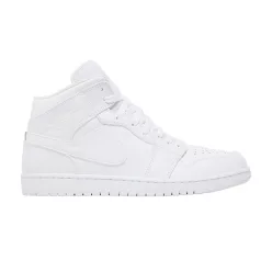 Jordan 1 Mid Triple White polovysoké streetové tenisky biele — produktová fotografia na bielom pozadí, bočný pohľad
