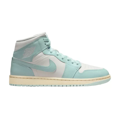 Jordan 1 Mid Light Dew dámske polovysoké streetové tenisky — produktová fotografia na bielom pozadí, bočný pohľad