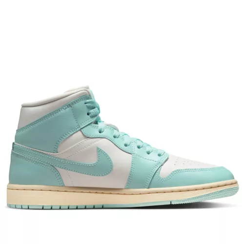 Jordan 1 Mid Light Dew dámske polovysoké streetové tenisky — produktová fotografia na bielom pozadí, bočný pohľad