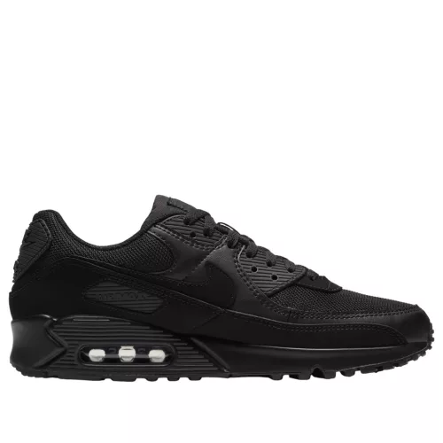 Nike Air Max 90 Recraft Triple Black nízke streetové tenisky čierne — produktová fotografia na bielom pozadí, bočný pohľad