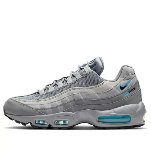 Nike Air Max 95 Retro Logo Grey Aqua nízke streetové tenisky sivé — produktová fotografia na bielom pozadí, bočný pohľad