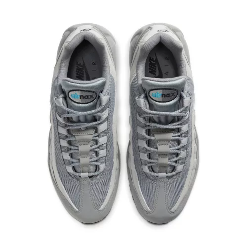 Nike Air Max 95 Retro Logo Grey Aqua nízke streetové tenisky sivé — produktová fotografia na bielom pozadí, bočný pohľad