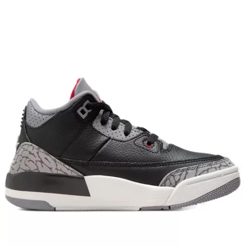 Jordan 3 Retro Black Cement (2024) detské nízke streetové tenisky čierne — produktová fotografia na bielom pozadí, bočný pohľad
