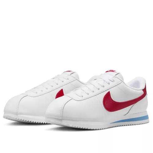 Nike Cortez Forrest Gump (2024) dámske nízke streetové tenisky biele-červené — produktová fotografia na bielom pozadí, bočný pohľad