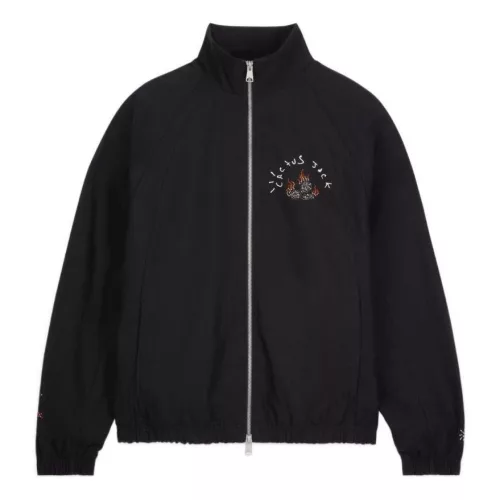 Travis Scott x Jordan Woven Jacket Black bunda čierna — produktová fotografia na bielom pozadí, bočný pohľad