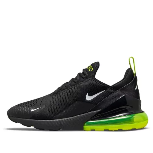 Nike Air Max 270 Black Neon nízke streetové tenisky čierne — produktová fotografia na bielom pozadí, bočný pohľad