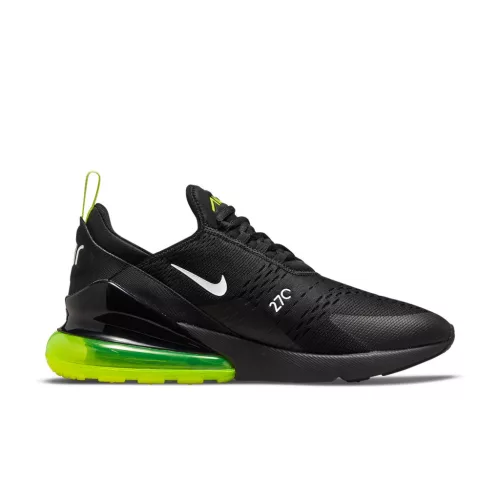 Nike Air Max 270 Black Neon nízke streetové tenisky čierne — produktová fotografia na bielom pozadí, bočný pohľad