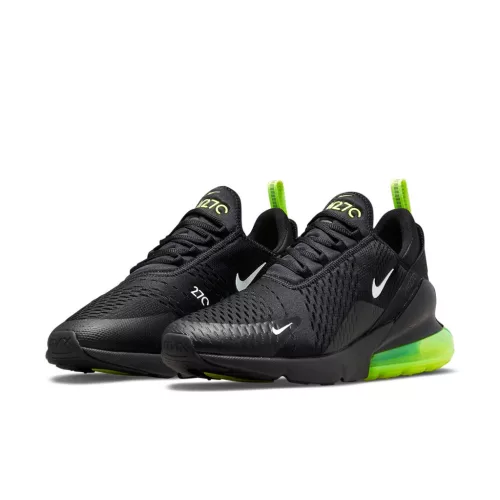 Nike Air Max 270 Black Neon nízke streetové tenisky čierne — produktová fotografia na bielom pozadí, bočný pohľad