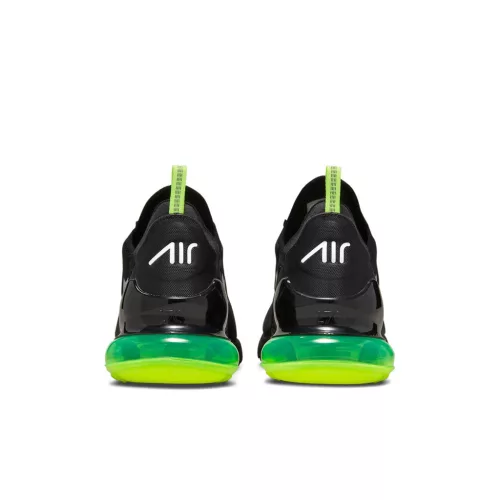 Nike Air Max 270 Black Neon nízke streetové tenisky čierne — produktová fotografia na bielom pozadí, bočný pohľad
