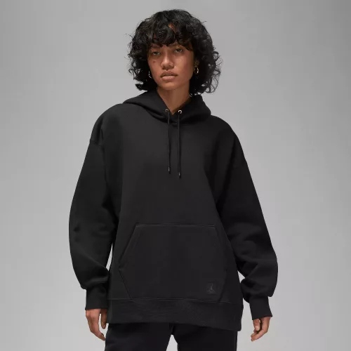 Jordan Flight Fleece Satin-Lined Pullover Hoodie Black dámska mikina s kapucňou čierna — produktová fotografia na bielom pozadí, bočný pohľad