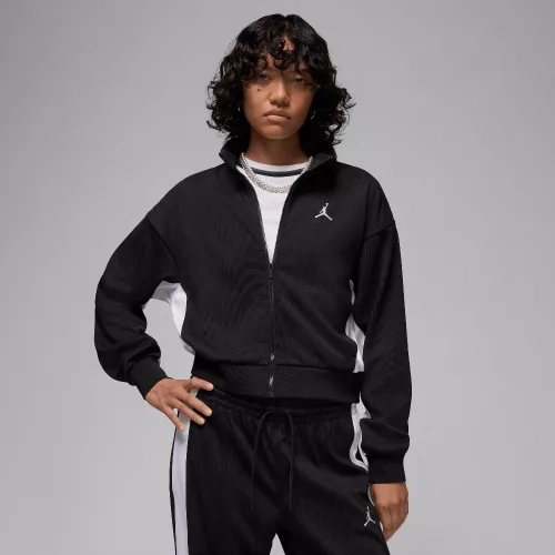 Jordan Knit Jacket Black/White/White dámska bunda čierna-biela — produktová fotografia na bielom pozadí, bočný pohľad