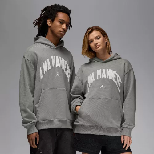Jordan X A Ma Maniere Hoodie Flat Pewter mikina s kapucňou — produktová fotografia na bielom pozadí, bočný pohľad