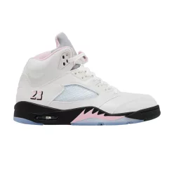 Jordan 5 Retro Medium Soft Pink nízke streetové tenisky ružové — produktová fotografia na bielom pozadí, bočný pohľad