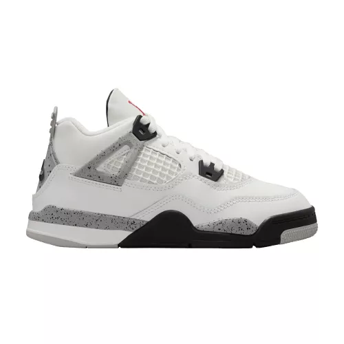 Jordan 4 Retro White Cement (2025) detské nízke streetové tenisky biele — produktová fotografia na bielom pozadí, bočný pohľad