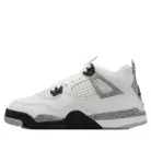 Jordan 4 Retro White Cement (2025) detské nízke streetové tenisky biele — produktová fotografia na bielom pozadí, bočný pohľad
