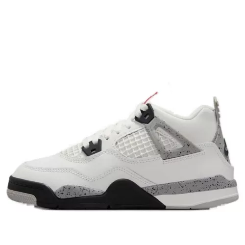 Jordan 4 Retro White Cement (2025) detské nízke streetové tenisky biele — produktová fotografia na bielom pozadí, bočný pohľad