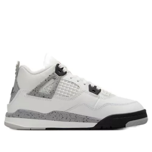 Jordan 4 Retro White Cement (2025) detské nízke streetové tenisky biele — produktová fotografia na bielom pozadí, bočný pohľad