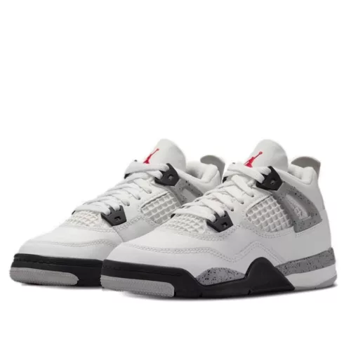 Jordan 4 Retro White Cement (2025) detské nízke streetové tenisky biele — produktová fotografia na bielom pozadí, bočný pohľad