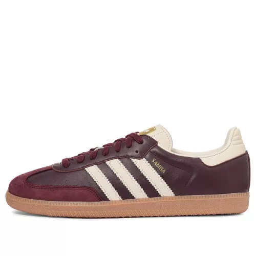 adidas Samba OG Maroon Gold Metallic dámske nízke streetové tenisky bordové-zlaté — produktová fotografia na bielom pozadí, bočný pohľad
