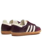 adidas Samba OG Maroon Gold Metallic dámske nízke streetové tenisky bordové-zlaté — produktová fotografia na bielom pozadí, bočný pohľad