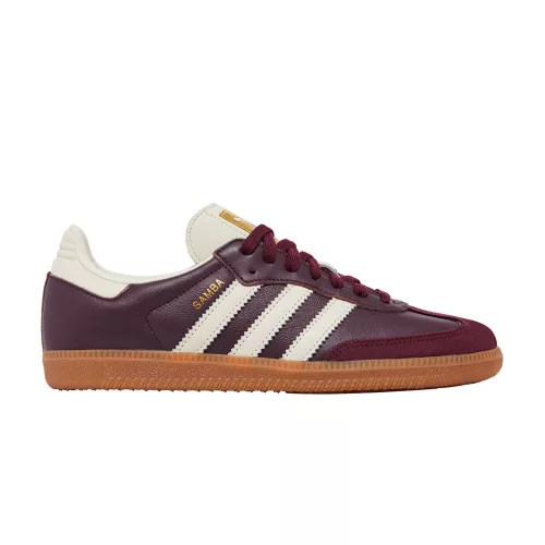 adidas Samba OG Maroon Gold Metallic dámske nízke streetové tenisky bordové-zlaté — produktová fotografia na bielom pozadí, bočný pohľad