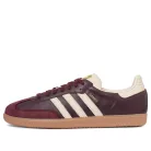 adidas Samba OG Maroon Gold Metallic dámske nízke streetové tenisky bordové-zlaté — produktová fotografia na bielom pozadí, bočný pohľad