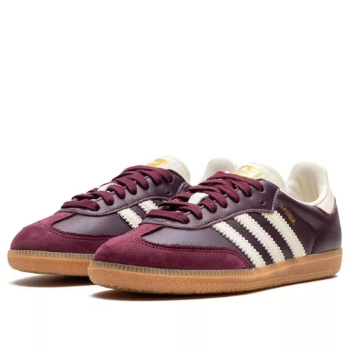 adidas Samba OG Maroon Gold Metallic dámske nízke streetové tenisky bordové-zlaté — produktová fotografia na bielom pozadí, bočný pohľad
