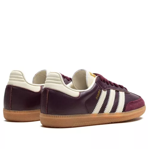 adidas Samba OG Maroon Gold Metallic dámske nízke streetové tenisky bordové-zlaté — produktová fotografia na bielom pozadí, bočný pohľad