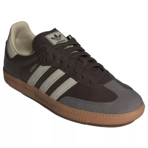 adidas Samba OG Brown Putty Grey nízke streetové tenisky hnedé-sivé — produktová fotografia na bielom pozadí, bočný pohľad