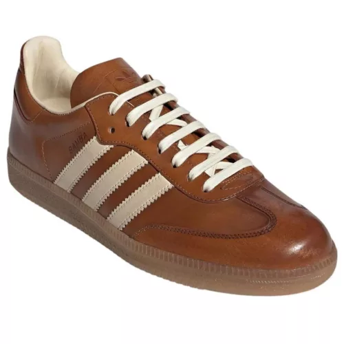 adidas Samba OG Made in Italy Vachetta Tan nízke streetové tenisky béžové — produktová fotografia na bielom pozadí, bočný pohľad
