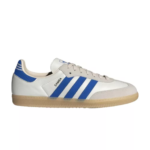 adidas Samba OG Cloud White Blue Gum nízke streetové tenisky biele-modré — produktová fotografia na bielom pozadí, bočný pohľad
