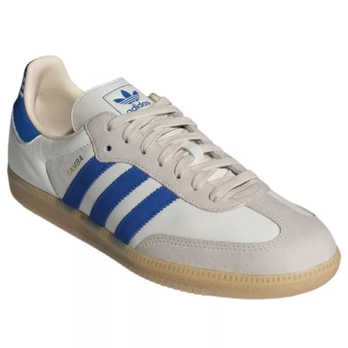 adidas Samba OG Cloud White Blue Gum nízke streetové tenisky biele-modré — produktová fotografia na bielom pozadí, bočný pohľad