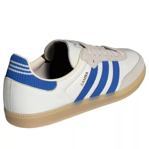 adidas Samba OG Cloud White Blue Gum nízke streetové tenisky biele-modré — produktová fotografia na bielom pozadí, bočný pohľad
