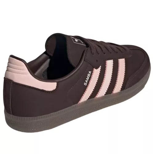 adidas Samba OG Aurora Coffee Sandy Pink dámske nízke streetové tenisky ružové — produktová fotografia na bielom pozadí, bočný pohľad
