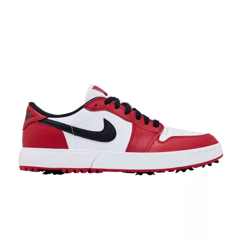 Jordan 1 Low Golf Spiked Chicago nízke streetové tenisky — produktová fotografia na bielom pozadí, bočný pohľad