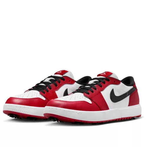 Jordan 1 Low Golf Spiked Chicago nízke streetové tenisky — produktová fotografia na bielom pozadí, bočný pohľad