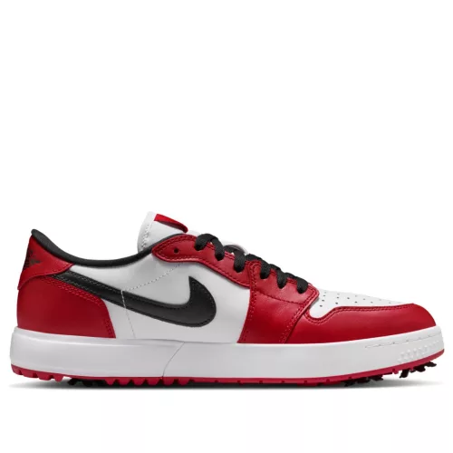Jordan 1 Low Golf Spiked Chicago nízke streetové tenisky — produktová fotografia na bielom pozadí, bočný pohľad